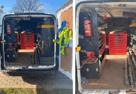 A photo of the back of a pumping engineer van showing a lot of equipment