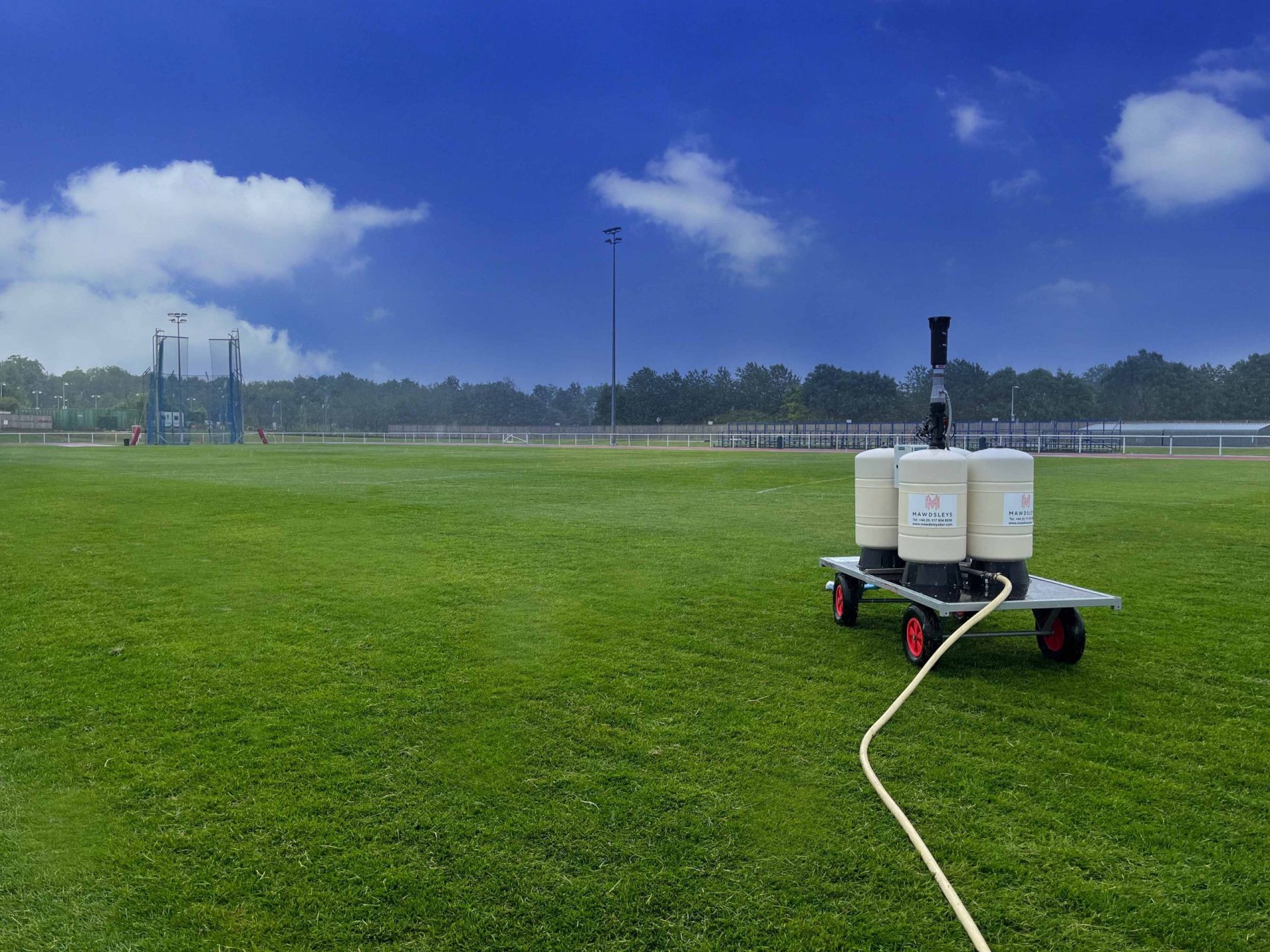 Mawdsleys Portable LRI being used to irrigate a football pitch
