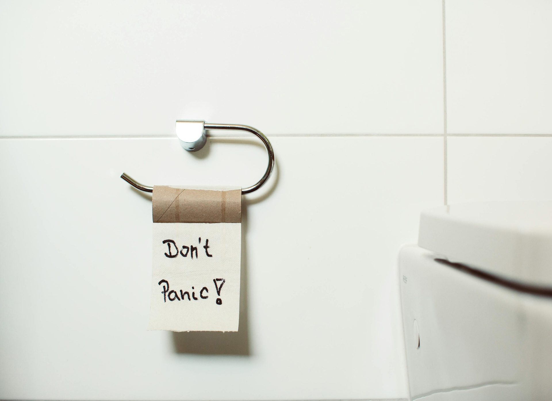 An image of a toilet roll with "Don't panic" written on it