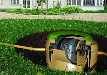 A graphic of a water treatment plant under a house